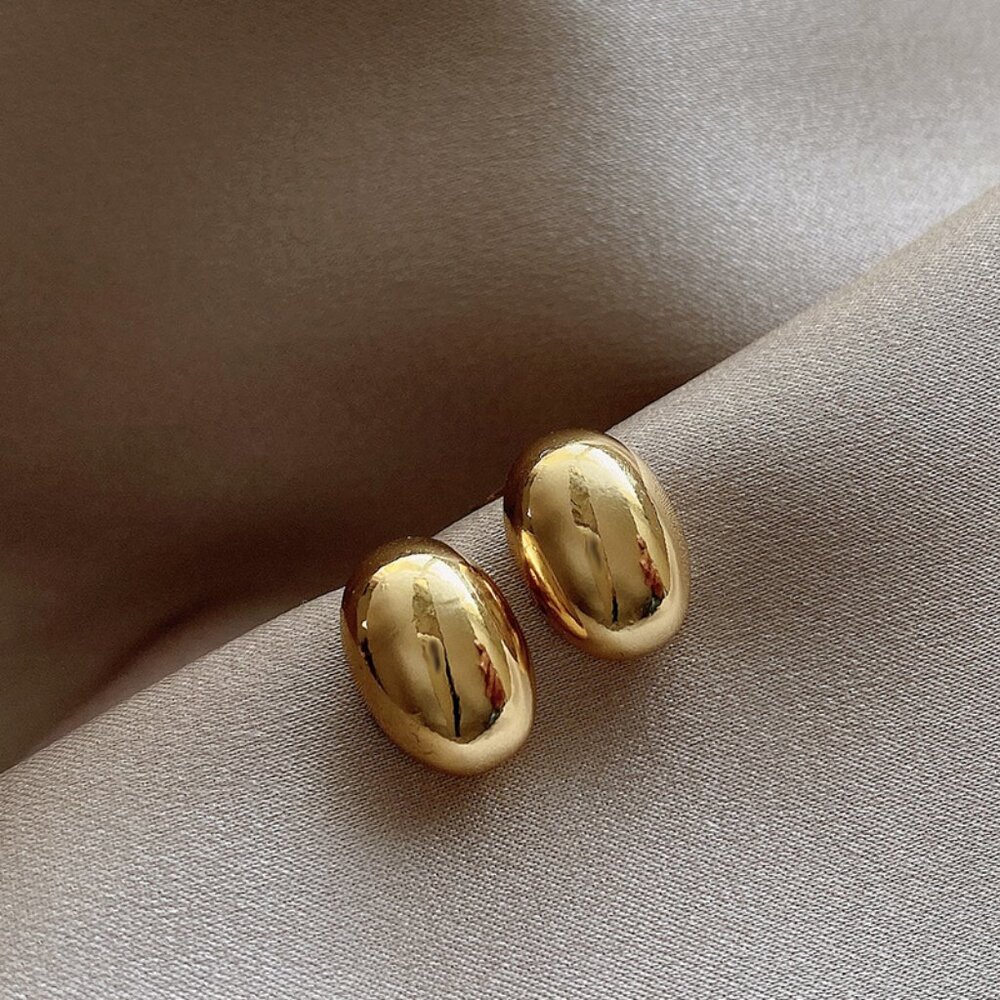 Women’s Gold Plated Bean-Shaped Stud Earrings Silver Needle Posts Minimalist